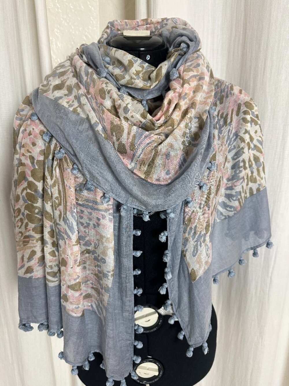 CITRUS Cotton Silk Oversized Scarf Shawl Pom Pom Sequin Animal Print 77x41